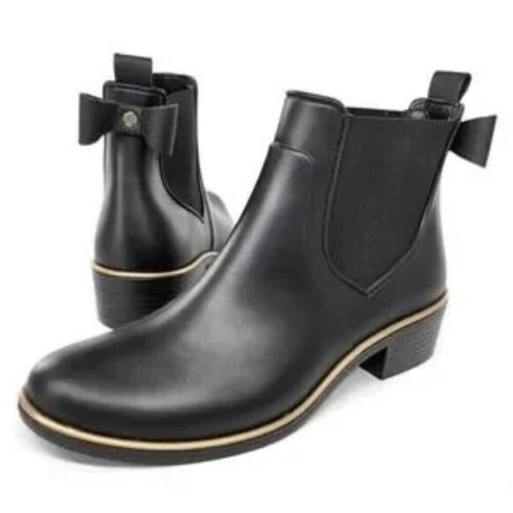kate spade Shoes - Kate Spade Edimburg Ankle High Rain Boots Low Gold Trim Bow Back Matte Black 9